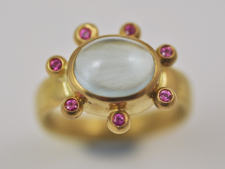 Ring, Gold 900, Aquamarin, rosa Saphire