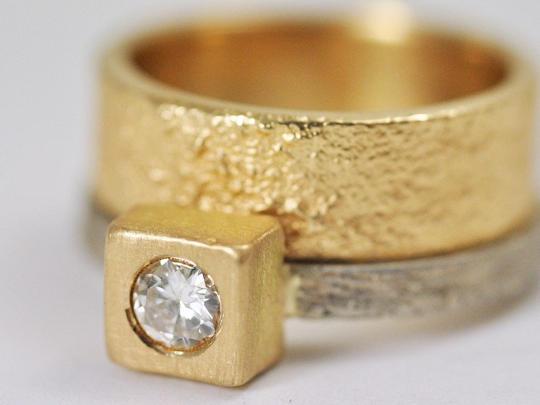 Ringe, Gold 750, Weissgold 750, Diamant, Sandguss