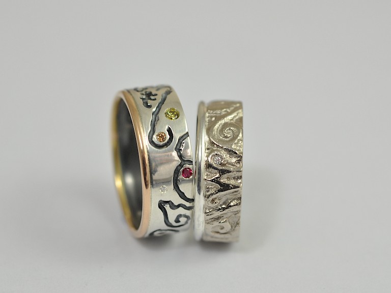 Ringe im wachsausschmelzverfahren gegossen, Weissgold 750, Silber 925, Diamanten, Rubin